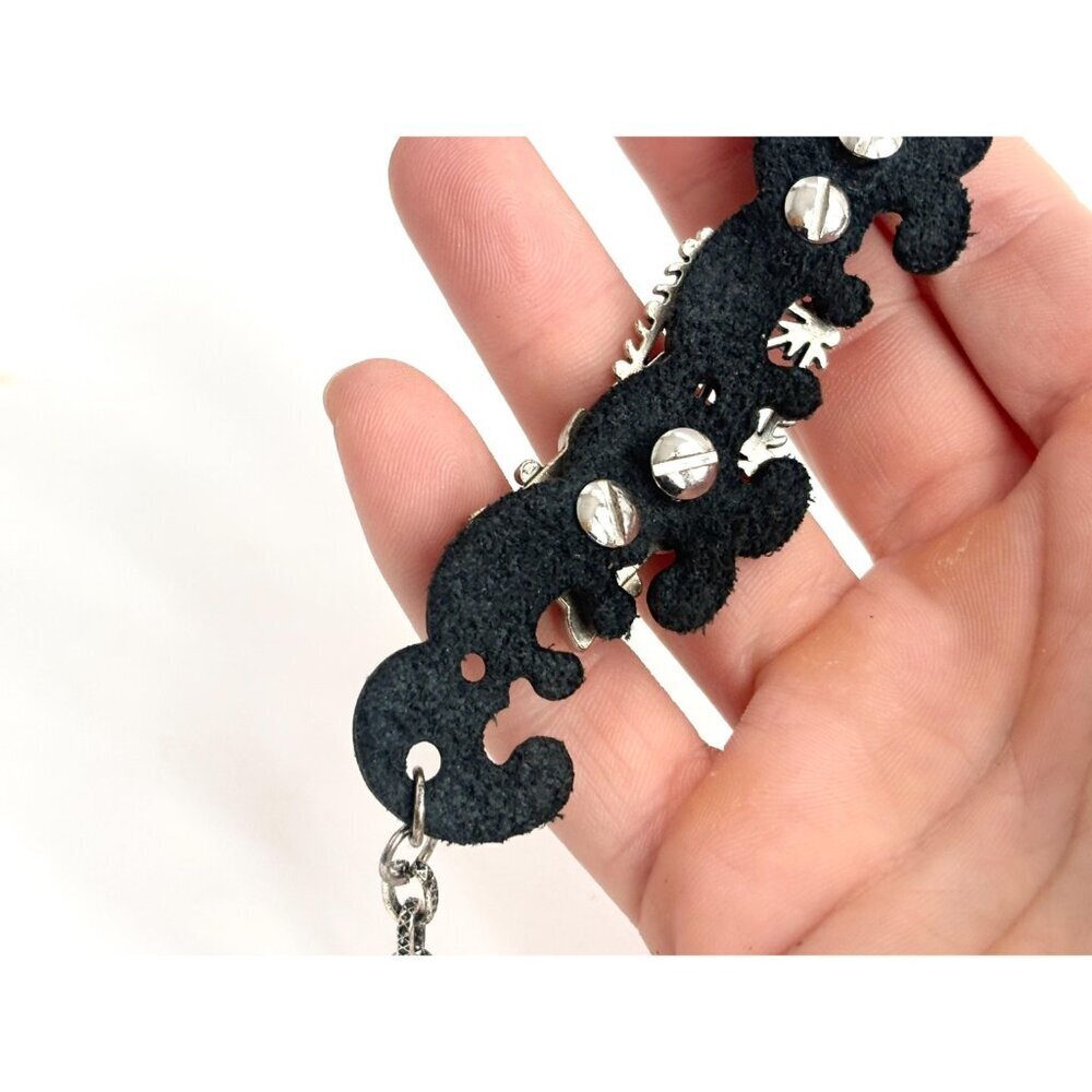 Faux Black Leather Boho Gemstone Silver T Adjustable Vintage Bracelet - 7" - 9" - Picture 6 of 14